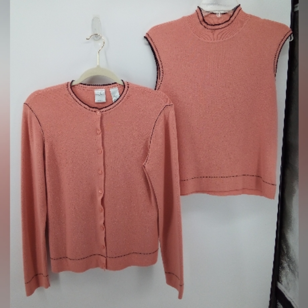 Emma James Petite Liz Claiborne Pink Black Stitch Cardigan Set Career Work M